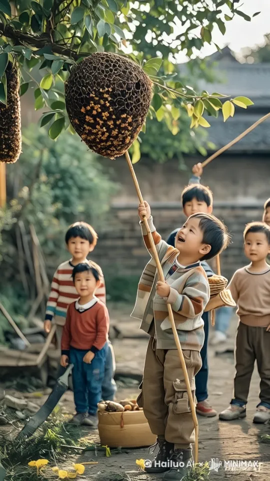 小孩子用竹子桶马蜂窝，吓马蜂速间飞的到处，吓的周边小孩啥腿就跑 by Hailuo AI Video Generator