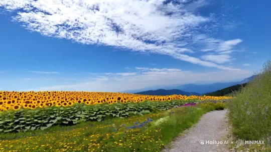 蓝天白云，白云在天上飘动，大片向日葵在山间田野，旁边有小路路上有绿草花儿随风摆动，路边有小溪流水流动[推进,右移,变焦推进] by Hailuo AI Video Generator