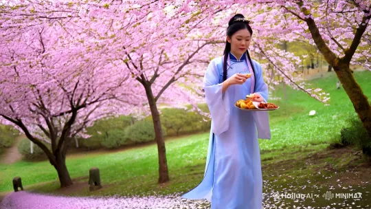 古装打扮的自己在风景秀丽的野外，悠闲地逛着，欣赏着樱花风景，许多零食，边吃边看边玩 by Hailuo AI Video Generator