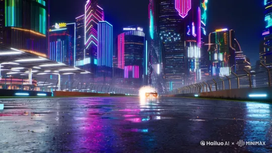uturistic cityscape at night, neon lights, AI-powered racing car drifting through the streets, sparks flying, cyberpunk atmosphere, high speed, dynamic camera angles, slow motion, cinematic, ultra-detailed, 8k

a driver wearing AR glasses inside a futuristic racing car, holographic displays showing track information and optimal racing lines, AI system analyzing data and adjusting car parameters in real-time, cyberpunk, high tech, futuristic, ultra-detailed, 8k by Hailuo AI Video Generator