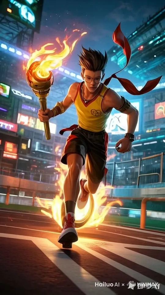 男孩拿着火炬，跑向镜头，旁边有跑起来的运动模糊 by Hailuo AI Video Generator
