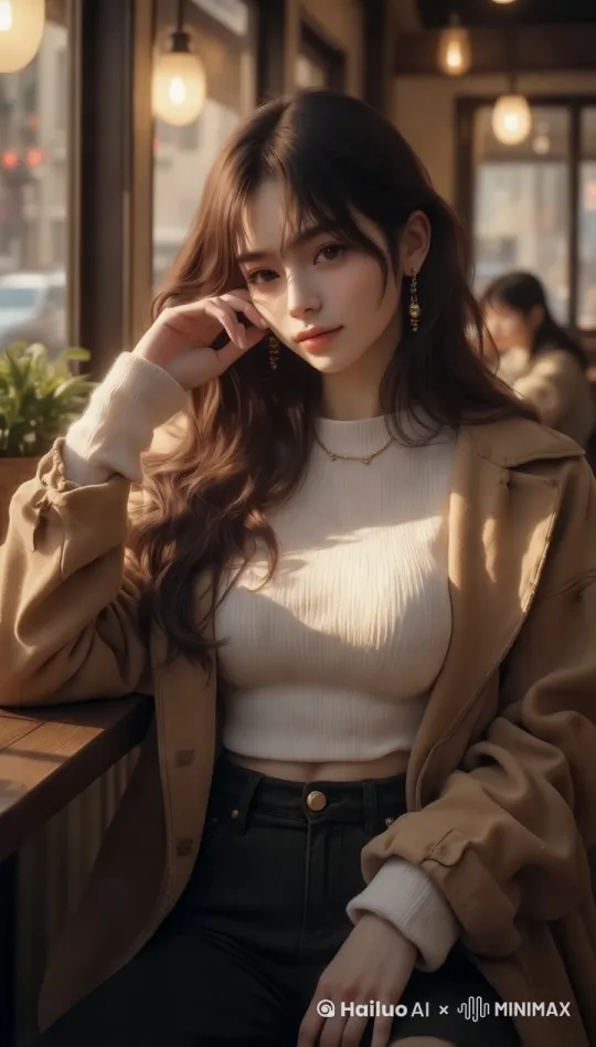 镜头拍摄一个女性坐在咖啡馆里，女人抬头看着窗外，镜头缓缓移动拍摄到窗外的街道，因画面呈现暖色调，色彩浓郁，氛围轻松惬意。 by Hailuo AI Video Generator