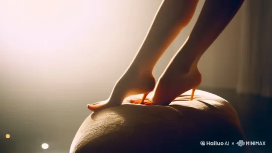画面起始于一片朦胧的暖色光晕中，一双纤细修长的美足轻搭在丝绒软垫上，足尖微微绷直，透出优雅的线条感。足部包裹着一层薄如蝉翼的浅肤色丝袜，细腻的哑光质感下隐约透出肌肤的柔润光泽。镜头随足部曲线向上延伸，逐渐展露匀称的小腿与纤长的腿部线条，丝袜在膝盖处微微收紧，勾勒出若隐若现的肌理褶皱。  

---

**运镜设计：**  

1. **足部特写（推镜+微距）**  
   - 镜头从足跟低角度切入，缓慢推进至足尖，捕捉丝袜覆盖下足弓的纤细弧度，脚趾轻蜷的瞬间用慢镜头强调动态美感。  

2. **纵向跟随（垂直上移）**  
   - 镜头沿小腿后侧匀速上移，丝袜与肌肤的贴合感随光影流动，腿部线条在逆光中形成一道柔和的剪影，背景虚化为渐变的光斑。  

3. **环绕运镜（360° 慢速旋转）**  
   - 以腿部为中心，镜头环绕半周，从侧面过渡至正面，展现丝袜长腿的立体轮廓。膝窝处的自然凹陷与小腿肚的饱满弧度形成对比，丝袜纹理在特写中清晰可见。  

4. **升降镜头（俯视→仰视）**  
   - 镜头从高处俯拍足部，丝袜脚尖微微翘起，随后缓缓下降至地面视角，仰视腿部线条的延伸感，拉长比例的同时凸显视觉冲击。  

5. **动态收尾（拉远+柔焦）**  
   - 镜头从足部快速拉远至全身远景，丝袜长腿在画面中逐渐缩小却依然占据视觉焦点，最终定格于朦胧的逆光剪影，留下轻盈而诱惑的余韵。 by Hailuo AI Video Generator