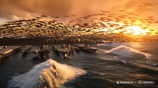 "Future warfare cinematic opening, swarm of 500+ black delta-wing drones emerging from thunderclouds, ultra-wide aerial shot of aircraft carrier battle group below, 8K resolution with volumetric lighting, dynamic tracking camera movement, hyper-realistic water simulation with 20m waves, dusk lighting with golden hour rays breaking through storm clouds" by Hailuo AI Video Generator