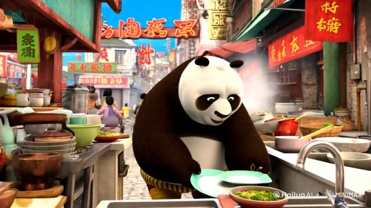 一只大熊猫正在街上的面馆里一边洗碗一边唱歌[推进,上摇,变焦推进]。 by Hailuo AI Video Generator