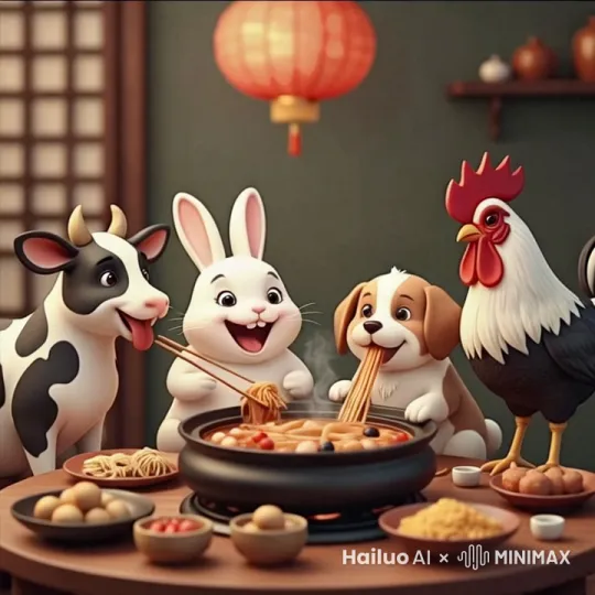 开场:图中的四只动物围坐在餐桌前吃火锅,地上有一只小花猫和一只小花狗仰着脖子等待主人喂食。
中场:镜头拉近,图中兔子给图中公鸡夹菜吃,图中牛和狗举起杯子碰杯。
结束:图中兔子、狗、鸡、牛一起举杯碰杯 by Hailuo AI Video Generator