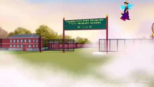【片头】航拍视角穿越晨雾中的天水市公园小学（特效：水墨晕染转场）
哪吒踩着风火轮划过校门牌匾，敖丙踏冰晶悬浮在操场升旗台旁
【场景1】校门口（动态镜头）
新生们背着书包涌入校门，哪吒突然从天空降落：
"喂！小鬼头们！新学期的乾坤圈可戴好了？"
（特写：学生胸前的校徽幻化成旋转的乾坤圈特效）
【场景2】操场升旗仪式（仰拍视角）
敖丙挥袖凝出冰晶阶梯，国旗护卫队踏冰阶登台：
"今日我以龙鳞为誓，诸君当如寒冰淬剑"
（特效：国旗升起时，冰火双龙绕旗杆盘旋）
【场景3】教室走廊（长镜头跟拍）
哪吒突然推开教室门，粉笔自动在黑板上书写：
"我命由我不由天！这学期的生死簿——"
（镜头切换）敖丙接话："由你们亲手改写"
（特写：学生作业本封面浮现发光的天命符咒）
【高潮场景】教学楼天台（慢镜头）
哪吒扯下混天绫抛向天空，化作漫天朝霞：
"看见那朵火烧云没？那是小爷给你们点的开学礼炮！"
敖丙结印唤雨，水珠在空中凝成"天道酬勤"篆体字
【收尾】无人机俯瞰镜头
全校学生在操场摆出太极图阵型，哪吒敖丙背靠背悬浮中央：
哪吒："记住！成绩单不是封神榜——"
敖丙："但努力会是你们的万龙甲"
（特效：校训"明德砺行"从地面金光迸现）
【片尾】水墨风格字幕
"天水市公园小学2025年春季学期
乾坤未定，你我皆是黑马"
（背景音：混天绫呼啸声与龙吟交响） by Hailuo AI Video Generator