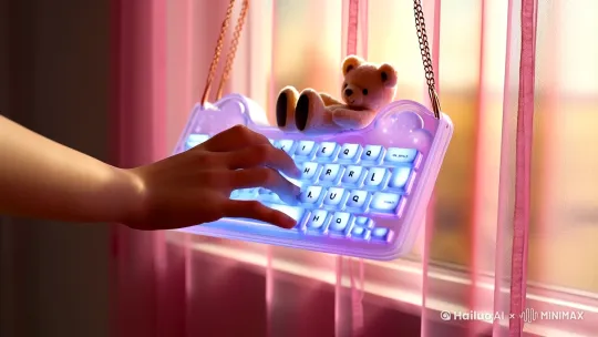 Scheme one "cloud sleep cabin" suspended keyboard,
Core design,
Key cap: TPU soft rubber material,cloud shaped spherical key cap,QQ elastic flow animation is generated when pressed,
Shell: frosted translucent jelly shell,internal suspended sleeping bear doll (replaceable expression),
Interaction: trigger ASMR sound effect (pinch bubble/cat purr) when typing,space bar integrated sleep aid white noise switching wheel,
Mirror Tips (Pika Adaptation),
markdown,
[Topside Shot] Morning light shines on the keyboard through the pink gauze curtain. The cloud keycap vibrates slightly with the typing rhythm. Starlight particles diffuse inside the keycap every time you press it. The lens advances, by Hailuo AI Video Generator