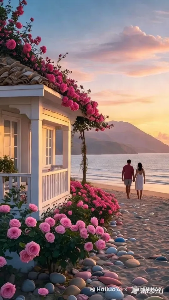 浪漫的海边有一座白色小屋，一对情侣手牵手向大海走去 by Hailuo AI Video Generator