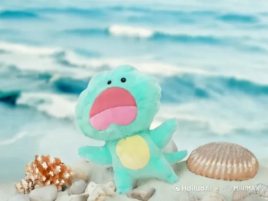 海边，海浪翻滚[下降]，画面中出现一毛绒小海妖的特写。小海妖再向镜头挥手打招呼。 by Hailuo AI Video Generator