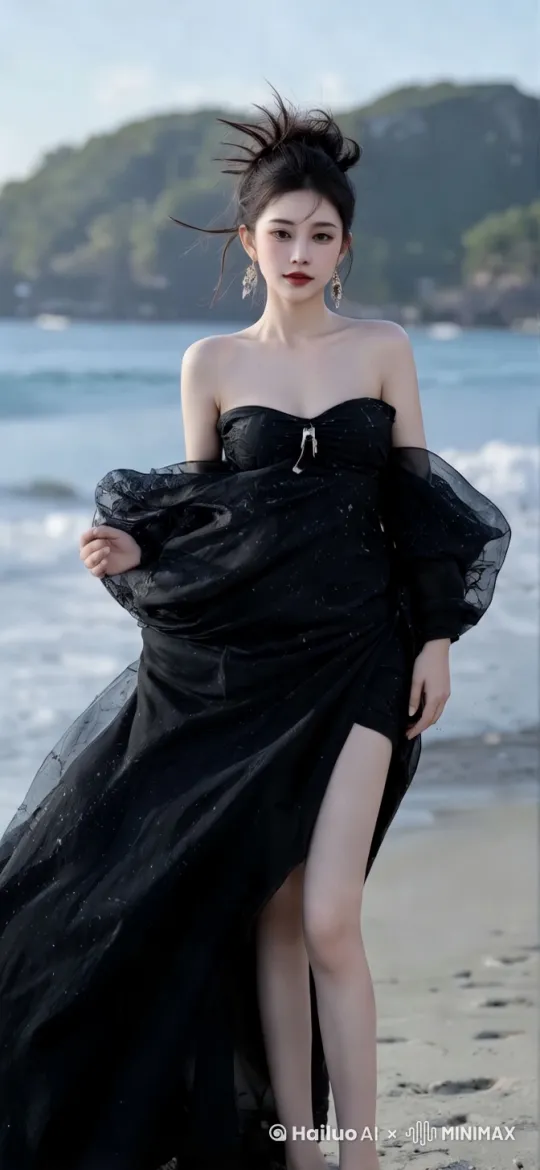 威风吹过飘逸的头发和裙子，人物目视镜头更换写真姿势，[下降,上摇] by Hailuo AI Video Generator