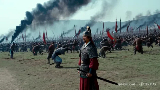 中国古代一位将军在战场上胜利，将镜头左移，右摇，上升，固定。 by Hailuo AI Video Generator