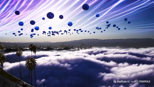 天空中充满了盘旋的新地球仿佛梦幻之境，呈现出充满活力的紫色和蓝色色调，还有明亮的光线条纹，云朵看起来超凡脱俗，形成一个巨大的漩涡状形状，占据了天空，营造出一种令人惊叹的视觉效果，场景设置在一条两旁种着高大棕榈树的街道上方路上有几辆汽车，街道在远处逐渐消失，宁静的街道和强烈的现实的天空之间对比，营造出一种引人注目的几乎是世界末日般却又美丽的气氛。超细节，8K画质[左移,上升] by Hailuo AI Video Generator