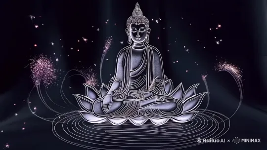用集用极细沙画离子绘制一个菩萨轮廓，坐在莲花座上，意境构图极简，风格叮打耳光中心，发光粒子，特效粒子，飘逸大面积留白，渲染出童话般的心，弯直高清32k风的离子，黑暗魔幻杰作 by Hailuo AI Video Generator