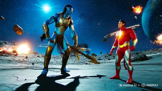 AI Video Prompts (English Version)
Theme: Avatar Protagonist Battles Ultraman in Space
Visual Keywords:
Character Design:
Avatar Protagonist (blue skin, muscular, Na'vi armor, wielding a spear, determined expression)
Ultraman (classic red-silver suit, glowing energy core, combat stance, slightly surprised expression)
Scene Details:
Outer Space Battlefield (floating asteroid field, Earth in the background, starry sky, explosions and energy beams)
Combat Close-ups (Avatar punches Ultraman, slow-motion debris, energy shockwaves)
Visual Effects:
Cinematic Lighting (stellar light on skin, metal reflections, energy effects)
4K Ultra HD Texture (skin details, armor textures, asteroid cracks)
Music & Sound Effects:
Background Music: "Myth" (epic, synced with combat rhythm)
Sound Effects: Fist hi by Hailuo AI Video Generator