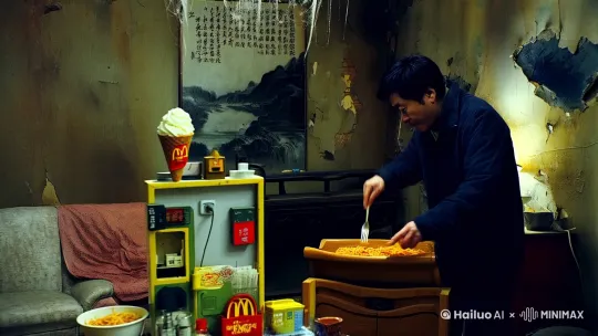 ## **【人设扩展】**
#### **男主阿怂（大名：宋伟）**
- **背景**：前互联网大厂PPT纺织工，因在年会喊“老板福如东海水泥封喉”被裁
- **性格**：吐槽技能MAX，怕鬼但更怕穷，发现鬼能帮忙改简历后火速真香
- **经典穿搭**：海绵宝宝睡衣配人字拖，胸前挂着外婆给的镀金菩萨（已掉漆）

#### **鬼魂F4**
1. **老白（唐朝·享年28）**
   - **死因**：写“大海啊你全是水”时太投入，被浪卷走
   - **执念**：给诗句补上工整对仗（当前版本：骏马啊你四条腿）
   - **口癖**：“本君有一言不知当讲不当讲…”（被阿怂捂嘴）

2. **小娟（民国·享年19）**
   - **死因**：擦古董花瓶时被私奔的二姐撞倒，花瓶套头窒息
   - **技能**：阴气实体化抹布（但擦完会结冰霜）
   - **雷点**：谁敢踩地板就半夜趴床头循环“洗脚——洗脚——”

3. **阿飘（现代·享年26）**
   - **死因**：连续加班后猝死在电竞椅，灵魂自动归档到衣柜
   - **装备**：纸扎电脑（显示屏用磷火当RGB光效）
   - **社恐名场面**：被活人看到时把自己卷成麻花：“你…你什么都没看见！”

4. **胖虎（1983年·享年22）**
   - **死因**：偷生产队玉米被雷劈中（手里玉米烤成爆米花）
   - **必杀技**：鬼体虚化穿墙偷外卖（但会留两瓣屁股卡在墙里）
   - **经典台词**：（啃着蜡烛）“这辣条没劲儿，能给烧个卫龙吗？”

---

### **【关键场景1：初遇鬼魂】**
**地点**：凶宅客厅（墙皮脱落成抽象画，神龛供着半截麦当劳甜筒）  
**时间**：凌晨3点阴气最旺时  

**动作**：  
- 阿怂用泡面叉修电闸，突然所有家具悬浮  
- 老白从水墨画探头吟诗：“君不见黄河之水天上来——”  
- 小娟用长发卷着马桶刷擦吊灯，胖虎偷吸泡面香气打喷嚏引发迷你龙卷风  

**对话**：  
**阿怂**：（举起掉漆菩萨）退！退！退！  
**老白**：（凑近嗅）此物…莫非是拼夕夕9.9包邮款？  
**小娟**：（阴森逼近）你·三·天·没·拖·地·了  
**阿飘**：（从天花板倒挂）那…那个…WiFi密码多少…（迅速缩回墙里）  
**胖虎**：（突然从地板钻出）兄弟，能给我坟头烧份黄焖鸡吗？碑上扫这个码！（弹出青绿色二维码）  

---

### **【关键场景2：驱魔闹剧】**
**地点**：凶宅院子（杂草长成“穷”字形状）  
**时间**：拆迁队第一次上门威逼  

**动作**：  
- 阿怂挥舞淘宝39元桃木剑，剑身贴满“差评！劈鬼时自己着火了！”  
- 胖虎假装被刺中，从裤裆掏出生前藏的番茄酱狂喷三米高  
- 小娟用阴风把拆迁队长假发吹到树上，露出地中海发型  

**对话**：  
**拆迁队长**：（举喇叭）限你今天搬走！否则——  
**阿怂**：（把桃木剑当吉他弹）否则给我交房租？这宅子产权证写着我太奶名字！  
**老白**：（突然深情）且慢！此树是我栽…（被阿怂捂嘴）  
**胖虎**：（舔番茄酱）哥，血浆味儿还行，就是比肯德基糖醋酱差点儿…  

---

### **【关键场景3：鬼宅KTV】**
**地点**：闹鬼阁楼（用蜘蛛网当霓虹灯）  
**事件**：帮阿怂追暗恋的女神小雨  

**道具**：  
- 麦克风是缠着符纸的鸡毛掸子  
- 老白用砚台当打碟机，胖虎敲肋骨当架子鼓  

**对话**：  
**阿怂**：（发抖）各位祖宗，求别整阴间活儿！  
**小娟**：（冷笑）呵，男人。（甩水袖变出追光灯）  
**阿飘**：（从音响钻出）我…我切了《告白气球》伴奏…（实际是《大出殡》唢呐版）  
**小雨**：（瞳孔地震）你们…在搞殡葬主题团建？（夺门而逃）  

---

### **【高潮场景：决战拆迁队】**
**地点**：凶宅大门口（挂满“文明拆迁”横幅）  

**战术**：  
1. 阿飘黑进挖掘机系统显示蓝屏（代码：404 Not Found）  
2. 小娟用阴风掀起队长假发拍成抖音热榜（#地中海の诱惑）  
3. 老白吟诗召唤暴雨，结果只下一地酸梅汤（胖虎偷喝被呛）  

**绝杀**：  
**阿怂**：（蓝牙音箱音量MAX）苍茫的天涯是我的爱！  
**众鬼**：（被迫跳广场舞）住手！这比雷劈还痛苦啊啊啊！  
**拆迁队**：（跪地）大哥我们错了！这就去拆老板祖坟！ by Hailuo AI Video Generator