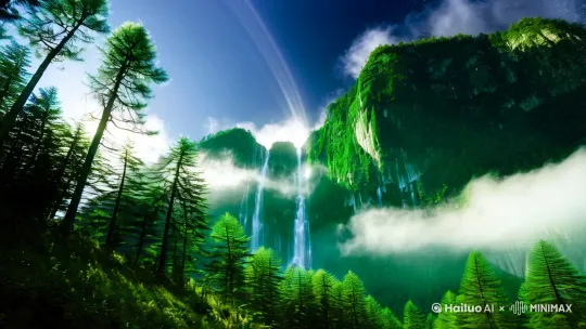 - 画面：全景/仰视视角
- 主体：晨雾中的翡翠色仙山，瀑布与发光蕨类构成环形构图
- 动态：流动云海呈现0.8倍速运动，丁达尔光束穿透古松枝桠
- 特效：[粒子系统]空气悬浮星砂粒子（密度35%，大小0.2-1.5px） by Hailuo AI Video Generator