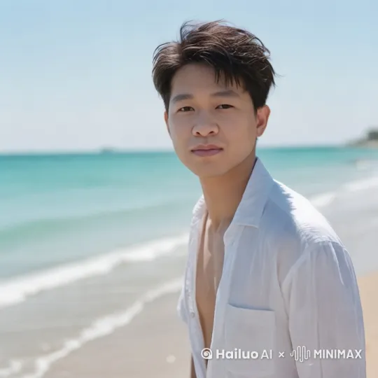 傍晚的月光下，海浪拍打的衣服和发型。高清质感 by Hailuo AI Video Generator