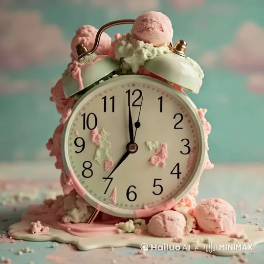 the ice cream is melting and the clock is walking[右移,左摇,跟随] by Hailuo AI Video Generator