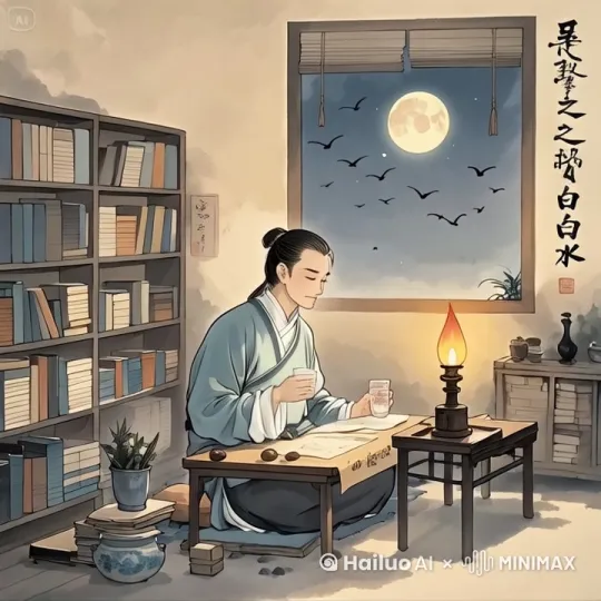 添加动态效果，画里的人物在动，他拿起手上的杯子往嘴里喝水，桌上的火苗在轻轻的摇动，窗外的鸟在飞翔 by Hailuo AI Video Generator