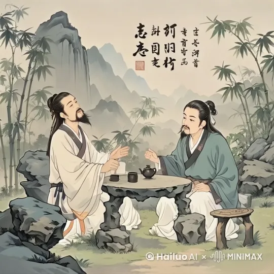 添加动态效果，画里的人物在动，他们拿起手上的杯子往嘴里喝水，他们非常开心的在聊天，身后的树叶在摇摆 by Hailuo AI Video Generator