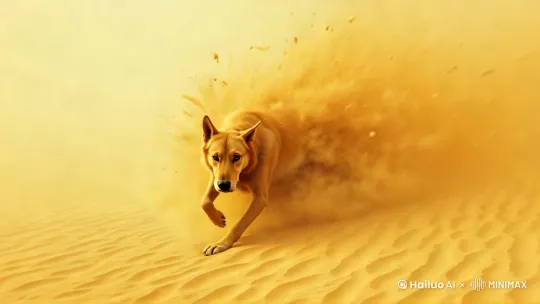 一只大型犬，中国大黄，一片干燥的沙地，地面颜色为沙漠，表面还有细小的石头，高速奔跑的姿态，后半身被沙尘包裹 by Hailuo AI Video Generator