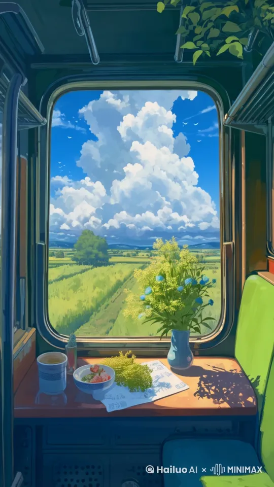 动漫插画，缓慢行驶中的列车，车窗外的风景  by Hailuo AI Video Generator