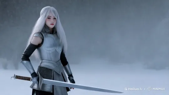 镜头从远景缓缓拉近，冰雪美人手持长剑，迎着风雪走来。

她停下脚步，抬头望向远方，眼神中透露出坚毅和一丝忧伤。

她蹲下身子，用手拨开积雪，发现了一串陌生的足迹。

她握紧手中的长剑，警惕地环顾四周，准备迎接未知的挑战。 by Hailuo AI Video Generator