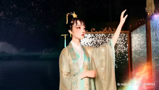 古风华裳少女于星幻流光中抬眸，玉手轻扬，周遭彩韵飘旋，似在凝聚神秘力量 。云母屏风烛影深，长河渐落晓星沉  by Hailuo AI Video Generator