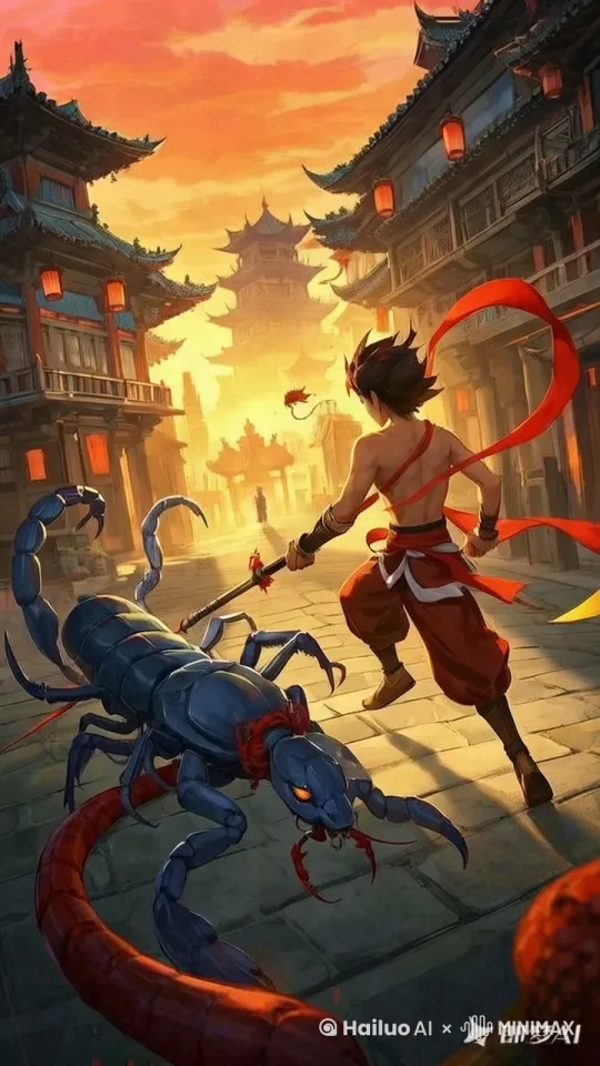阿文紧握铜镯，镯身化为火尖枪，哪吒虚影凌空而立，三头六臂威光凛凛：“妖孽，休犯人间！”风火轮卷烈焰，九龙神火罩镇妖，蛇蝎妖惨叫消散 by Hailuo AI Video Generator