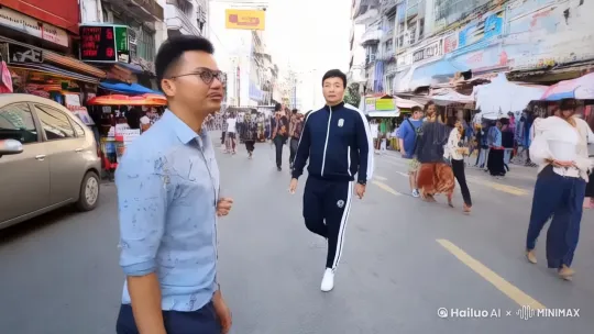 穿着休闲的运动装，走在繁华的大街上，人来车往，通过推拉运镜展示人物和环境。 by Hailuo AI Video Generator