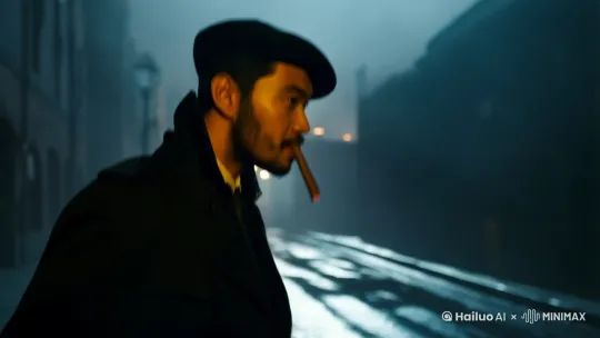 主角身披一件黑色风衣，带着贝雷帽，嘴里叼着一根雪茄在阴天黑夜中行走，镜头跟随着他正面向右移动，主角走入到一个小胡同中时，一个白发老人从兜中掏出了匕首 by Hailuo AI Video Generator