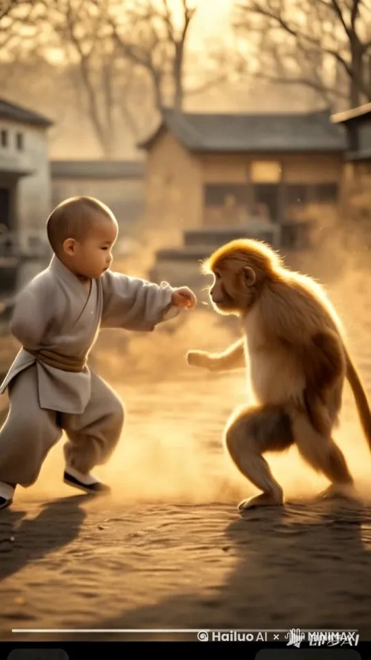 小萌娃和小猴子比武打架，不分胜难解难分，拳打脚踢尘土飞扬太精彩了负 by Hailuo AI Video Generator