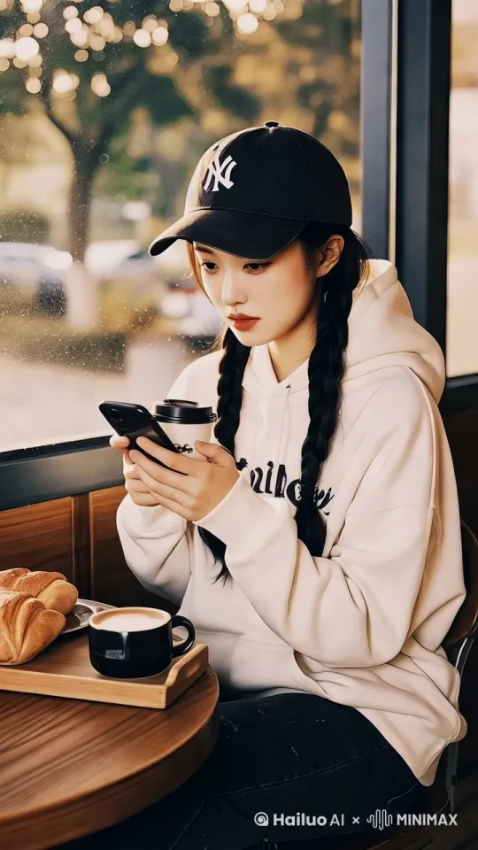 [右移,左摇,跟随]女孩目不转睛地看着手机，抿嘴一笑。 by Hailuo AI Video Generator