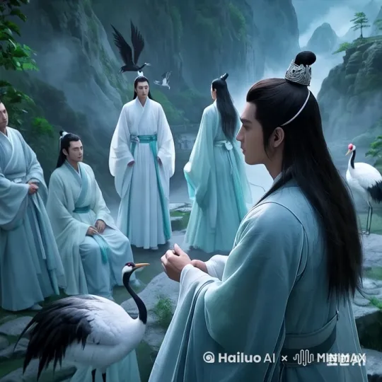 仙人在讨论修仙，仙鹤慢慢飞上天空，仙雾慢慢流动， by Hailuo AI Video Generator