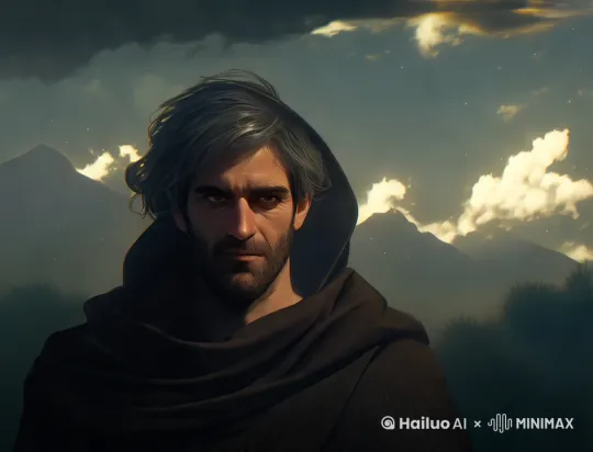 固定镜头，云流动，风吹动男人摘下兜帽坚定看向远方 by Hailuo AI Video Generator