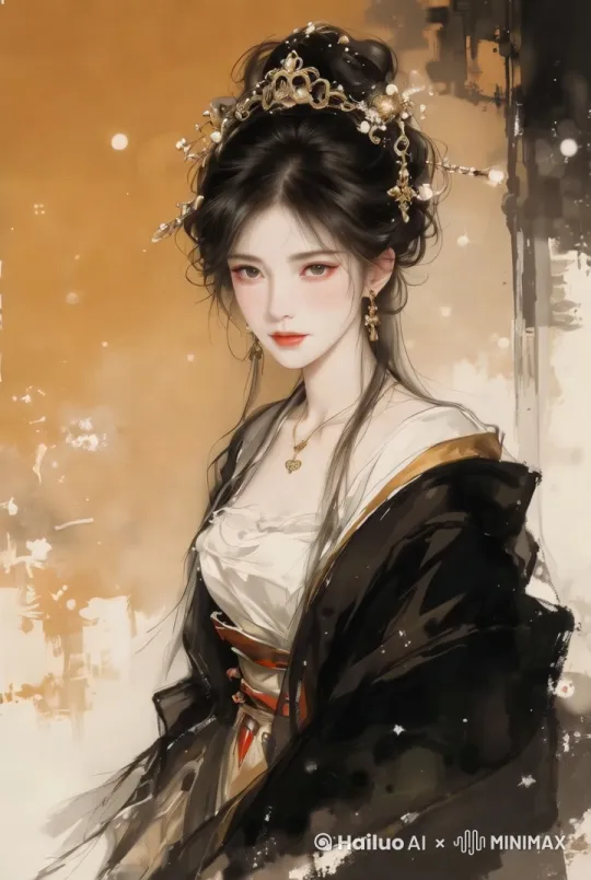 [固定镜头]头发缓慢飘动，带一些羽化效果，眼睛慢慢眨，背景像水纹一样浮动 by Hailuo AI Video Generator