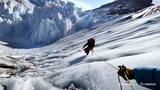 主要表现物聚焦于瞳孔紧缩的登山者与后方排山倒海的雪浪,场景设定在海拔5000米的锯齿状冰岩混合地带。采用低角度广角镜头展现冰川裂隙纵横的坡面,雪崩以钻石尘雾为前导,裹挟着巨型雪块呈扇形倾泻。登山者连续做出滑坠制动、冰镐勾挂等专业动作,在飞溅的冰晶中用登山绳绕岩闪避。交替运用俯拍雪龙追袭的压迫视角与仰拍人物面部汗珠凝结的特写,穿插环绕式慢镜头展现羽绒服碎片与雪粒共舞的瞬间。整体以青蓝冷调为主视觉,强化冰原反光的锐利质感,通过碎镜式构图与动态模糊处理,构建具有灾难纪录片质感的视听张力。 by Hailuo AI Video Generator