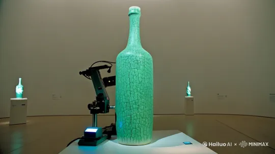 现代艺术馆白色空间，青瓷酒瓶与3D投影交融
镜头：机械臂在瓶身勾勒南宋官窑冰裂纹，数字粒子重组为龙纹
文案字幕："用128道工序，把断桥残雪酿进21世纪的月光"
BGM：电子音效混搭瓷器开片声
收尾：瓶身二维码化作水墨涟漪 by Hailuo AI Video Generator