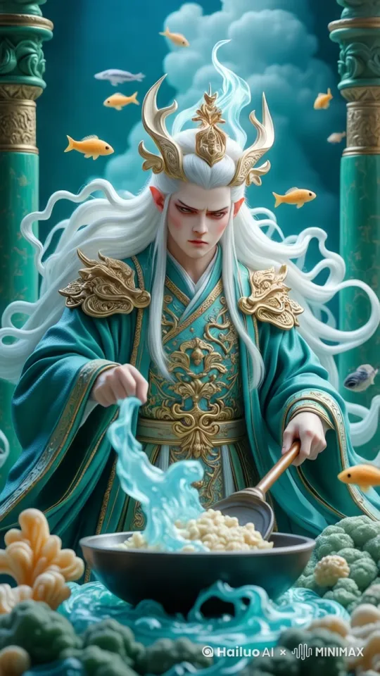 人物在炒菜动作娴熟，神态闲适，左手拿锅铲，右手加调料，背景小鱼在游动，带动着水波，桌上的食材散发着微弱的光芒[右摇,推进] by Hailuo AI Video Generator