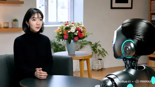 小型演播厅里有两个沙发，中间有一个放着鲜花的茶几，正在进行一场采访。沙发上分别坐在该角色和一个人形机器人。他们进行着生动的访问和交流 by Hailuo AI Video Generator