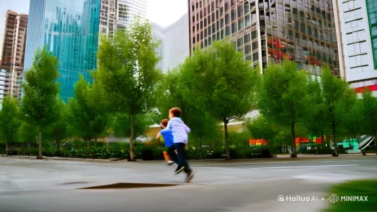 现代都市的街道 镜头首先在左前方跟随一个奔跑的男孩在行道树间穿梭 周围的建筑物在不断移动   镜头快速右摇 捕捉到另一个少年紧随其后 少年挥舞荧光棒 将街道上的广告牌映照出绚丽的色彩  繁华的城市景象在背景中模糊成一片流动的光影  男孩与少年的动作显得异常急促和紧张 by Hailuo AI Video Generator