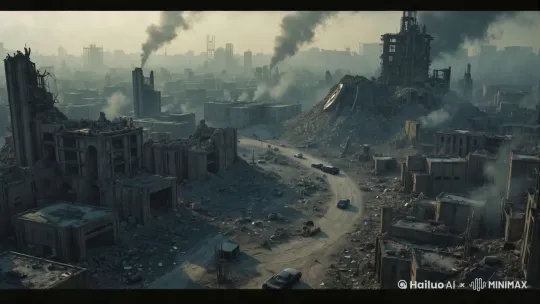 画面是高空俯拍的废墟全貌，镜头从空中向地面推进，展现末日废墟的真是场景。 by Hailuo AI Video Generator