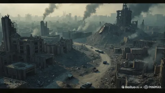 画面是高空俯拍的废墟全貌，镜头从空中向地面快速推进，展现末日废墟的真是场景。 by Hailuo AI Video Generator
