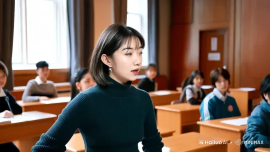 该角色是一位主持人，在主持一场辩论赛。场景是在一间教室，有两支队伍在教室的两侧进行辩论，该角色站在中间激情的指挥比赛 by Hailuo AI Video Generator