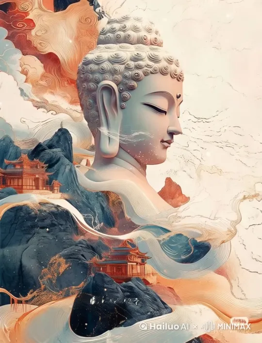 镜头围绕，慢慢推进到佛像特写，微笑，大师作品，光线，特写，左摇右摇 by Hailuo AI Video Generator