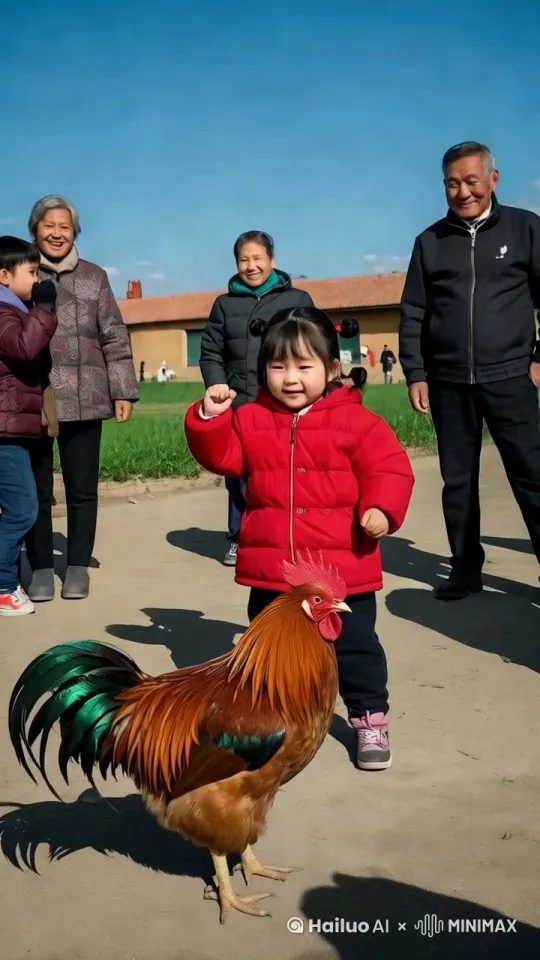 16k电影质感，小女孩左腿猛地一蹬地，高高跃起，右脚如旋风般扫向公鸡的头部。公鸡机灵地低头闪躲，同时猛地向前一冲，用头顶向小女孩的腹部。小女孩左拳一招右拳则如雷霆万钧之势直击公鸡的侧身。公鸡侧身一扭，避开拳头，公鸡跳起来施展出迅猛的连环踢猛踢向小女孩。小女孩迅速抽回手，公鸡突然高高跃起，向小女孩踢去，小女孩趁公鸡落地未稳，飞起一脚踢在公鸡的后腿上，他们的招式刚柔并济，时而是刚猛的直拳，时而是柔美的转身回旋踢。其它的人都站起身来鼓掌呐喊。 by Hailuo AI Video Generator