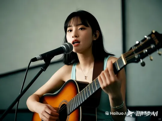 女生在唱歌，一边唱歌一边弹吉他。[左移,右摇,跟随][变焦拉远][右移,左摇,跟随][变焦推进] by Hailuo AI Video Generator