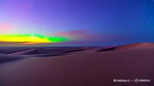 在广袤的沙漠中，极光在夜空中舞动，沙丘在极光的映照下呈现出梦幻般的色彩，整个场景充满了神秘与壮丽 by Hailuo AI Video Generator
