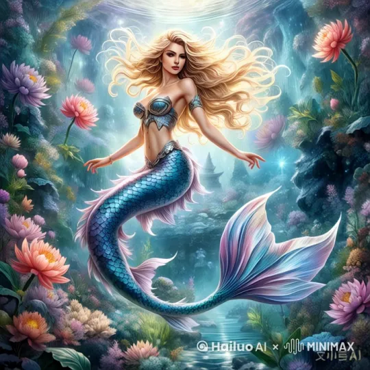 美人鱼在轻快的舞动，头发随海水飘逸，尾巴缓慢摆动，散着金光，海里的植物随海水轻轻摆动 by Hailuo AI Video Generator